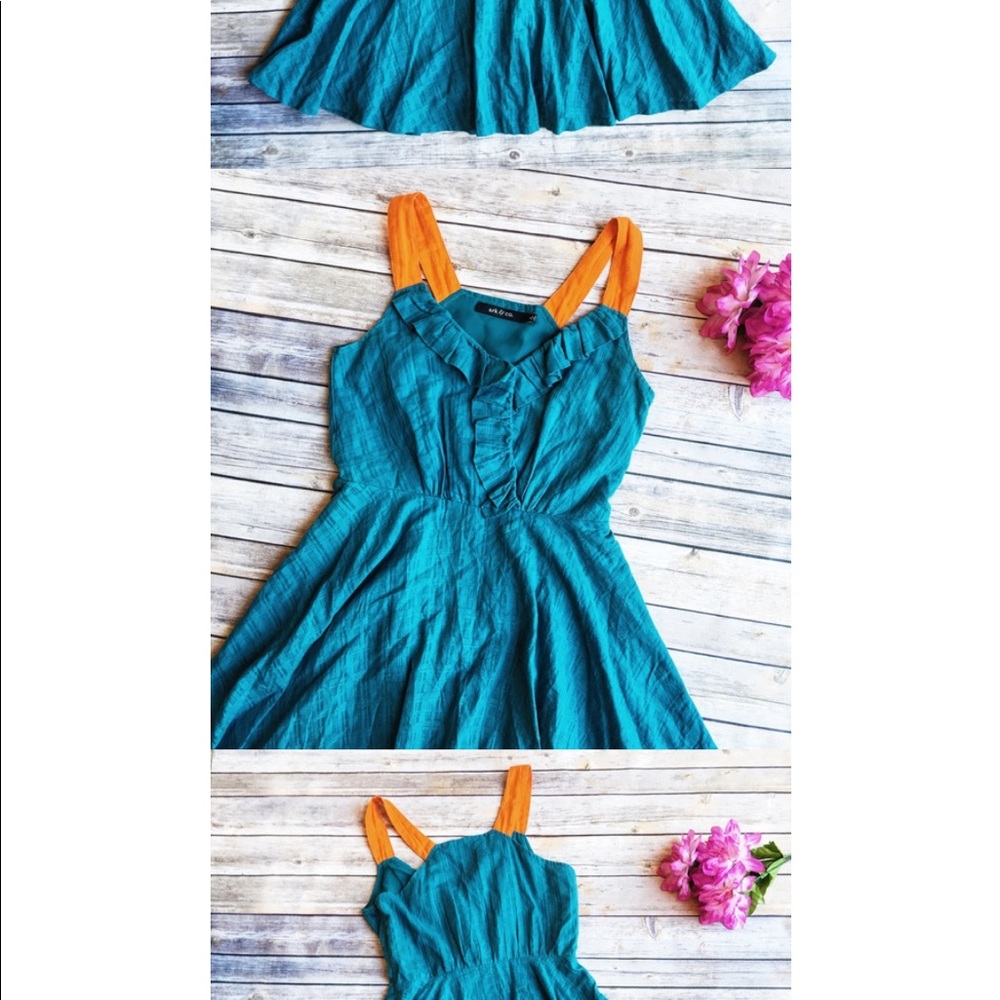 NWT Ark & Co Teal and Orange Ruffle Dress